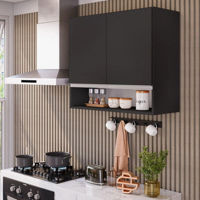 Armário Aéreo Multiuso Lux 80cm 100%mdf 02 Portas Com Nicho Integrado Preto - Desk Design