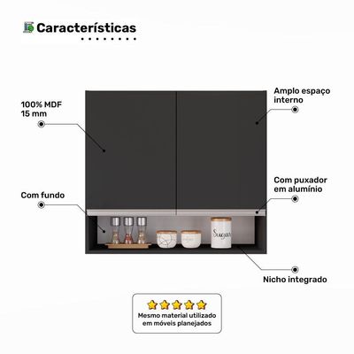 Armário Aéreo Multiuso Lux 80cm 100%mdf 02 Portas Com Nicho Integrado Preto - Desk Design