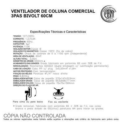 Ventilador De Coluna Comercial 3 Pás Bivolt Q600c Ny 60cm Qualitas