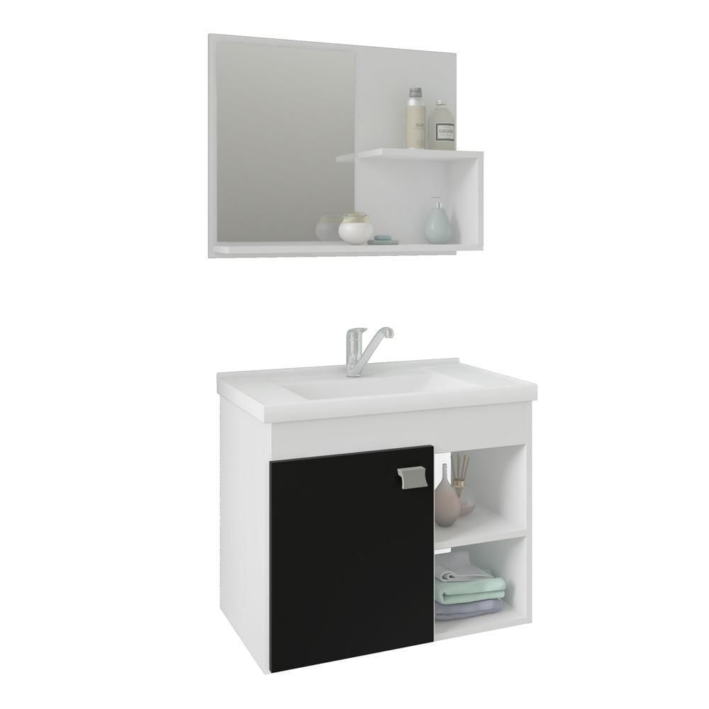 Conjunto Armário Para Banheiro 100% Mdf Bia Com Espelheira E Pia Mgm Móveis Branco/Preto/Preto