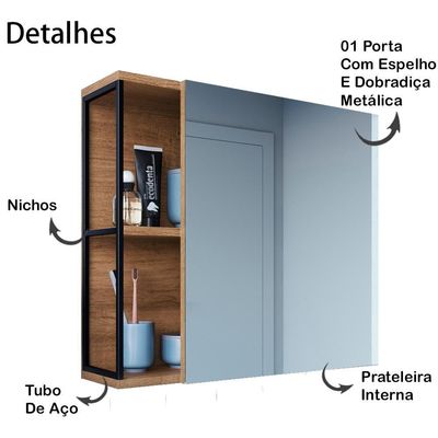 Armario Para Banheiro 60 Cm Com Espelho Preto Mell P1015 Pp Preto Mell