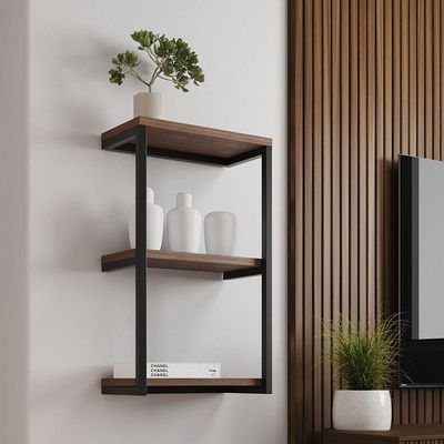 Nicho De Parede Industrial 3 Prateleiras Milão - Preto E Imbuia - Cor: Marrom