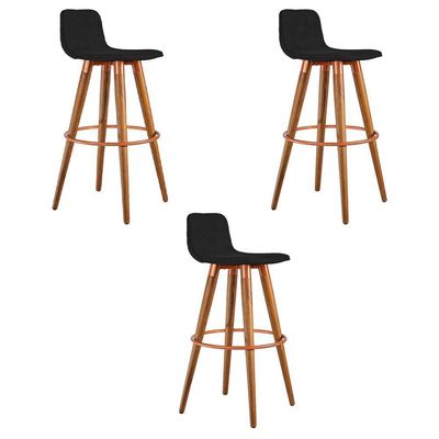 Kit 3 Banquetas Altas Luxo Aço Cobre Linho Preto Preto