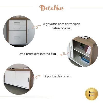 Balcão Multiuso Escritório Com Gavetas E Portas Carvalho branco