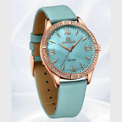 Relógio De Quartzo Feminino Estilo Casual Design Com Strass A Prova D´agua Azul Claro