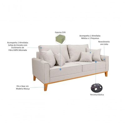Kit Sofá 1,80m Com Poltrona Beny Pés De Madeira Linho Cru 184