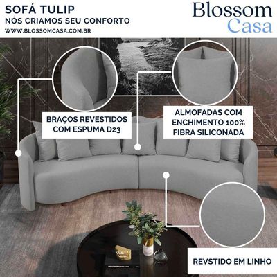 Sofá Tulip Orgânico 2,88m Em Linho Com Pés De Madeira Cor Cinza 2323
