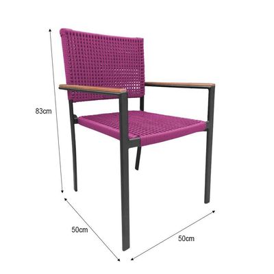 Kit 4 Cadeiras Piracicaba Corda Náutica Braço Com Detalhe Em Madeira Base Alumínio Preto-rosa Rosa