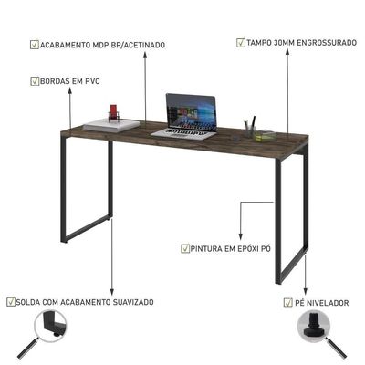 Mesa Office 150X60X75Cm Carvalho Dark / Est.Preta