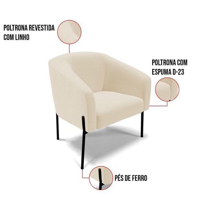 Poltrona Pé De Ferro Preto Kit 2 Stella Linho D03 - D'rossi Cor A19 Bege