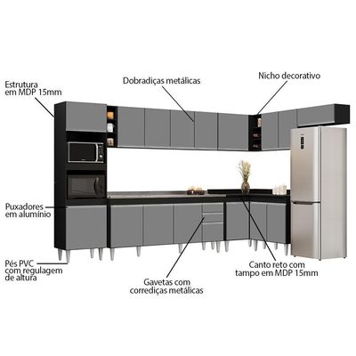 Armário De Cozinha Modulada De Canto 9 Peças Cp06 Balcão Com Pia Inox Preto-cinza - Lumil