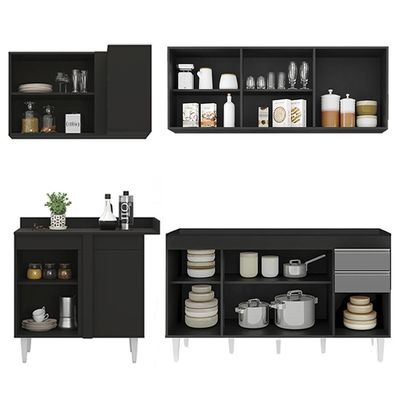 Armário De Cozinha Modulado De Canto Direito 4 Peças Cp40 Balcão Sem Tampo Preto-cinza - Lumil