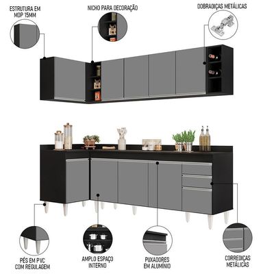 Armário De Cozinha Modulado De Canto Direito 5 Peças Cp44 Balcão Com Tampo Preto-cinza - Lumil