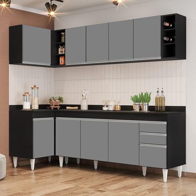 Armário De Cozinha Modulado De Canto Direito 5 Peças Cp44 Balcão Com Tampo Preto-cinza - Lumil