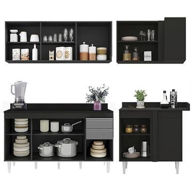 Armário De Cozinha Modulado De Canto Esquerdo 4 Peças Cp50 Balcão Com Tampo Preto-cinza - Lumil