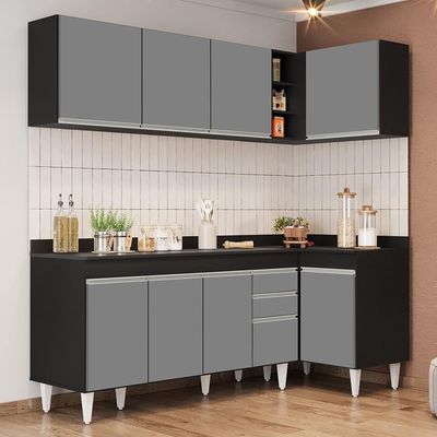 Armário De Cozinha Modulado De Canto Esquerdo 4 Peças Cp50 Balcão Com Tampo Preto-cinza - Lumil