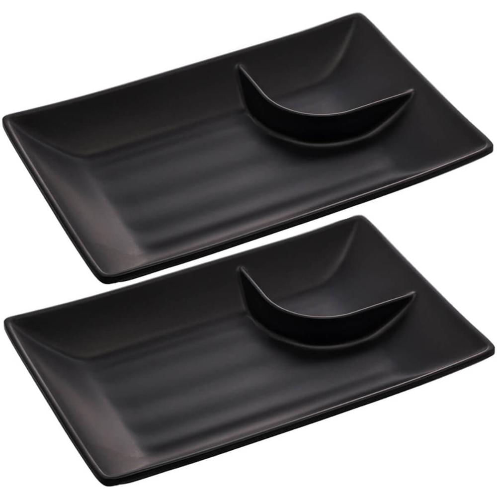 Kit 2 Pratos para Sushi com Molheira Melamina Pretos 19x12,5cm Lyor Tóquio Retangulares
