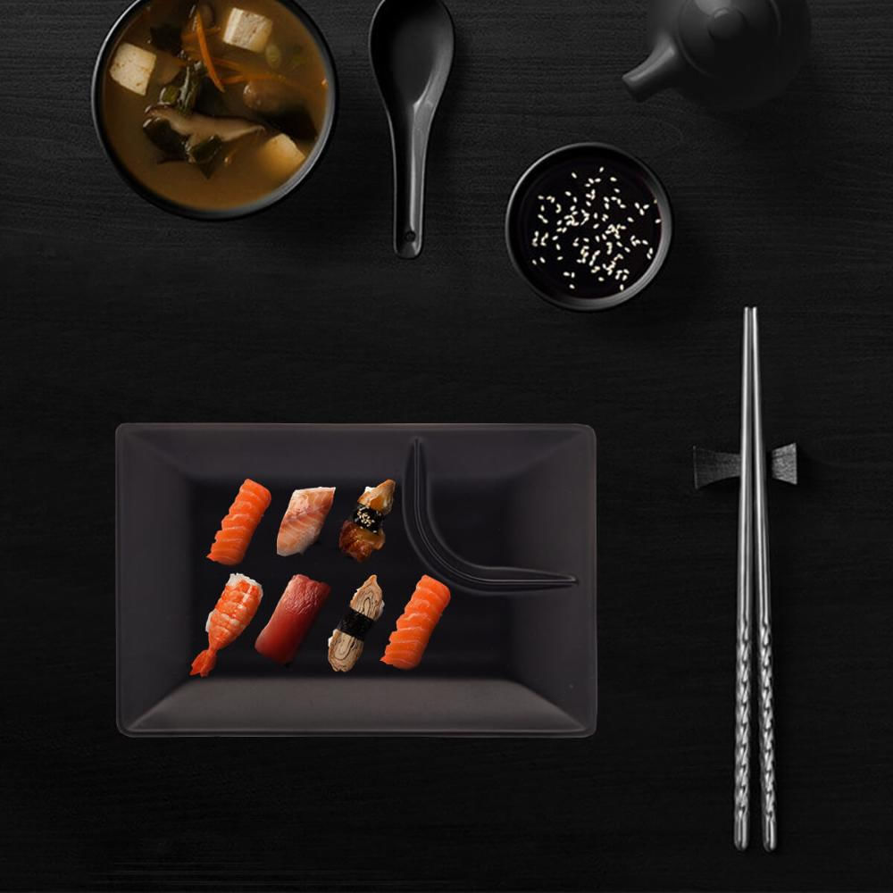 Kit 2 Pratos para Sushi com Molheira Melamina Pretos 19x12,5cm Lyor Tóquio Retangulares