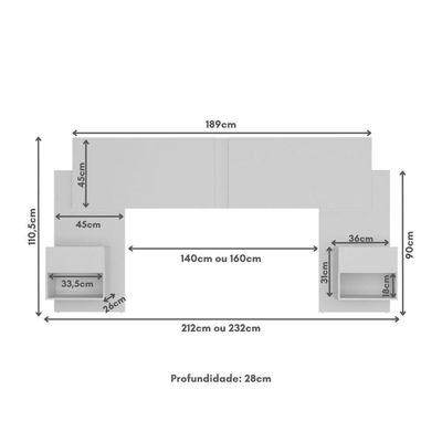 Cabeceira Casal Queen Com 2 Mesas De Cabeceira 232cm Multimóveis MP4325 Branco