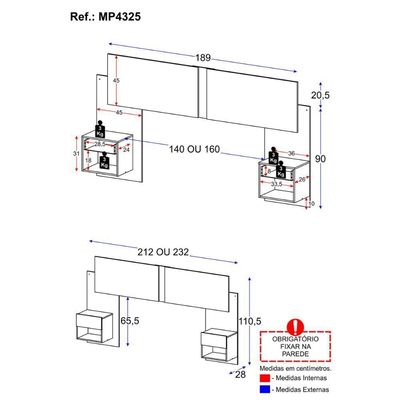 Cabeceira Casal Queen Com 2 Mesas De Cabeceira 232cm Multimóveis MP4325 Branco