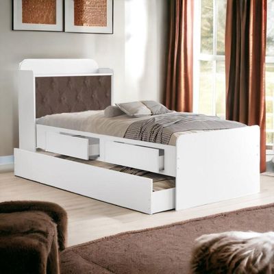 Cama Tamires Baú Branco Com Auxiliar E Capitonê Nogal