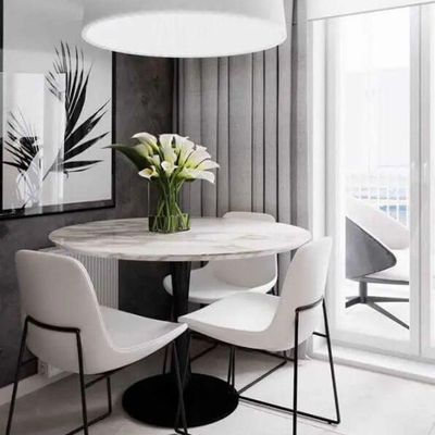 Mesa De Jantar Tulipa Saarinen Redonda 90 Cm Mármore Carrara Base Preta