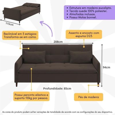 Sofá Cama Reclinável 3 Lugares E Almofadas Inclusas Multimóveis Cr45239 Marrom Marrom