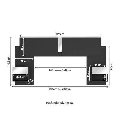 Cabeceira Casal/queen Com Espelhos E 2 Mesas De Cabeceira 232cm Multimóveis Mp4324 Preto Preto
