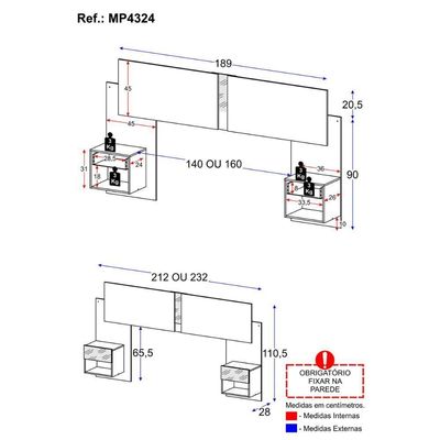 Cabeceira Casal/queen Com Espelhos E 2 Mesas De Cabeceira 232cm Multimóveis Mp4324 Preto Preto