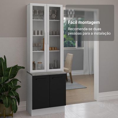 Kit Balcão + Cristaleira 70cm Branco Preto Agata Madesa 01 Branco Preto