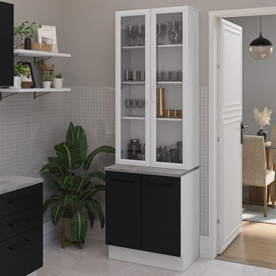 Kit Balcão + Cristaleira 70cm Branco Preto Agata Madesa 01 Branco Preto