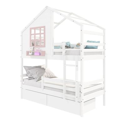 Beliche Casinha Com Janela Com 02 Gavetas E Grade De Proteção Madeira Maciça Branco- Rosa Housin