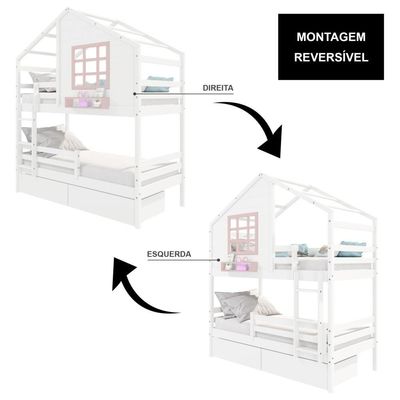 Beliche Casinha Com Janela Com 02 Gavetas E Grade De Proteção Madeira Maciça Branco- Rosa Housin