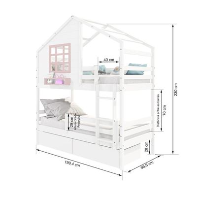 Beliche Casinha Com Janela Com 02 Gavetas E Grade De Proteção Madeira Maciça Branco- Rosa Housin