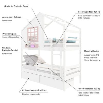 Beliche Casinha Com Janela Com 02 Gavetas E Grade De Proteção Madeira Maciça Branco- Rosa Housin