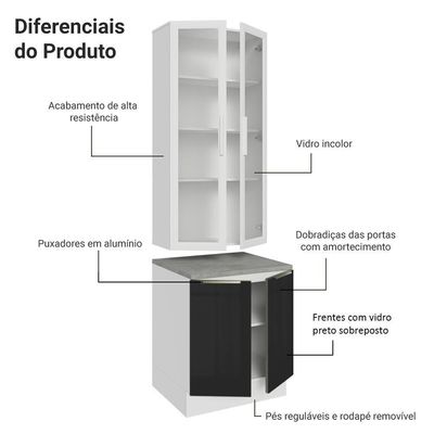 Kit Balcão + Cristaleira 70cm Branco Preto Lux Madesa 01 Branco Preto