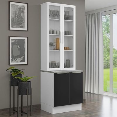 Kit Balcão + Cristaleira 70cm Branco Preto Lux Madesa 01 Branco Preto