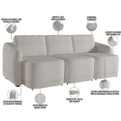 Sofá Cama Para Sala De Estar 3 Lugares 246cm Montserrat K01 Bouclê Creme - Lyam Decor
