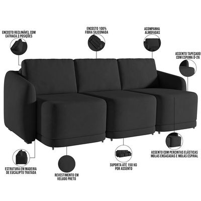 Sofá Cama Para Sala De Estar 3 Lugares 306cm Montserrat K01 Veludo Preto - Lyam Decor