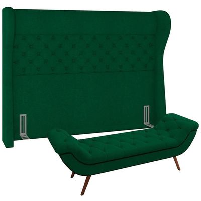Kit Cabeceira Cama Box Casal 160cm Madrid Com Puff Recamier Santorini Bouclê Verde