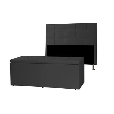 Kit Cabeceira E Calçadeira Baú Casal 1,40m Roma Material Sintético Preto Dal Poz Estofados