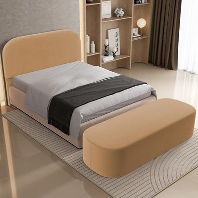 Cabeceira Cama Box King 195cm Lanna Com Puff Recamier Doha W01 Bouclê Mostarda - Lyam Decor