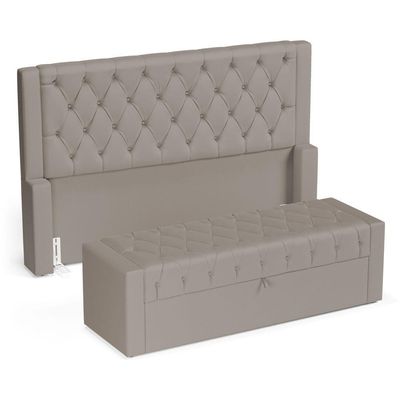 Cabeceira E Calçadeira Báu Queen Size Atena 160cm Capitonê Suede Bege - Desk Design