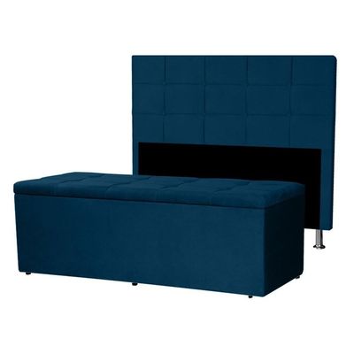 Kit Cabeceira E Calçadeira Baú Casal King 1,95m Roma Suede Azul Marinho Dal Poz Estofados