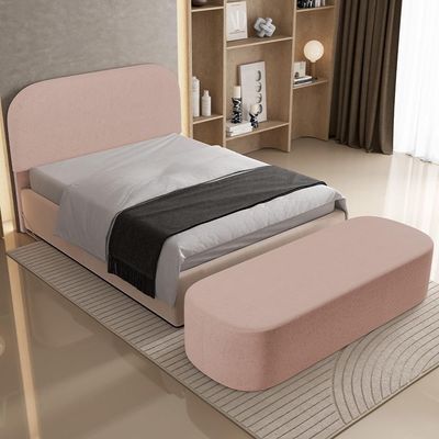 Cabeceira Cama Box King 195cm Lanna Com Puff Recamier Doha W01 Linho Rosê - Lyam Decor