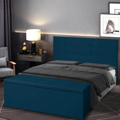 Kit Cabeceira E Calçadeira Baú Casal King 1,95m Roma Suede Azul Marinho Dal Poz Estofados