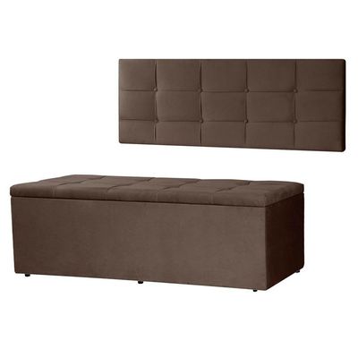 Kit Cabeceira Painel E Calçadeira Baú Solteiro 0,90m Roma Suede Marrom Dal Poz Estofados