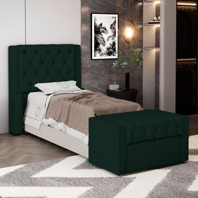 Cabeceira E Calçadeira Báu Solteiro Atena 90cm Capitonê Veludo Verde Escuro - Desk Design