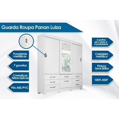 Guarda Roupas 3 Portas de Correr    e 7 Gavetas c/ Espelho Luiza  Avelã/Off White - Panan