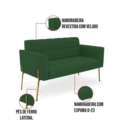 Sofá Namoradeira E 2 Poltronas Pé De Ferro Dourado Elisa Veludo Verde D03 - D'rossi